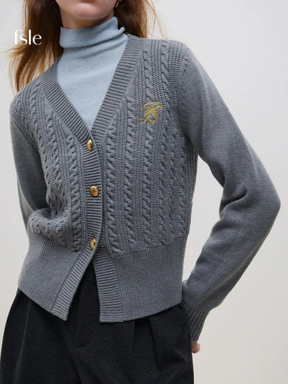 Embroidered Cable V-neck Knit Cardigan