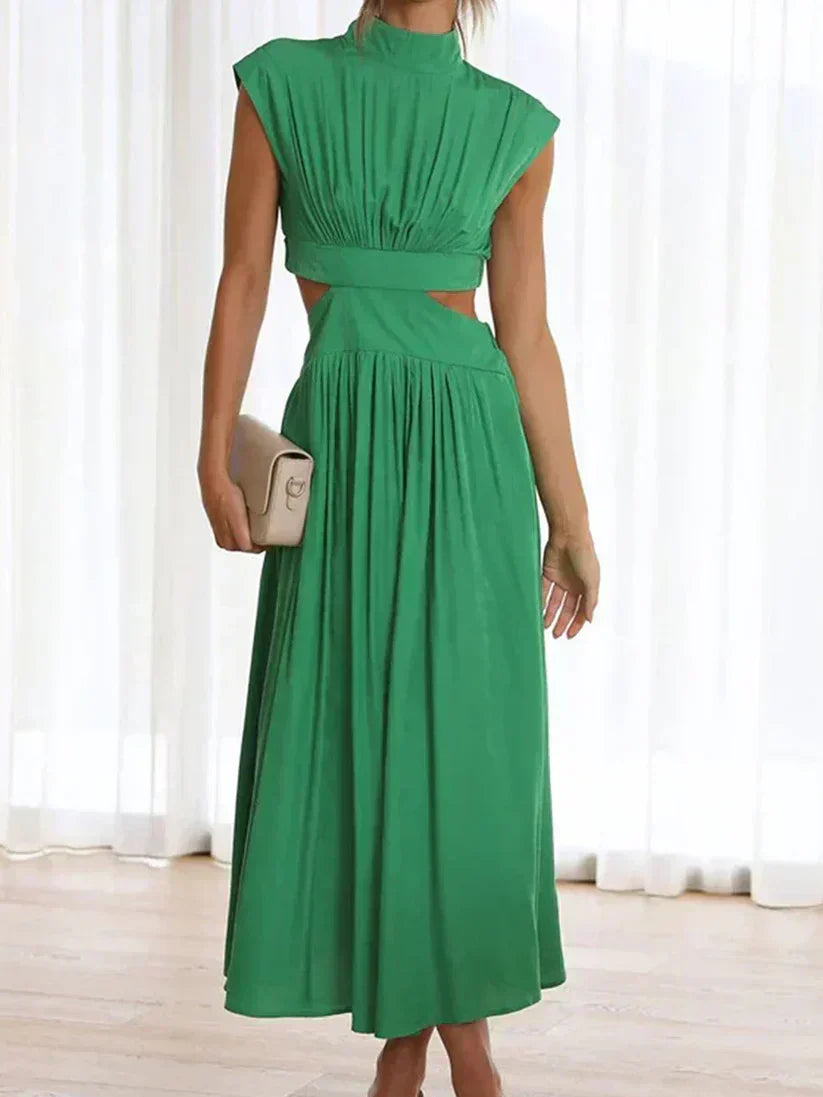 Mock Neck Sleeveless Side Waist Cutout Pleated A-Line Maxi Dress