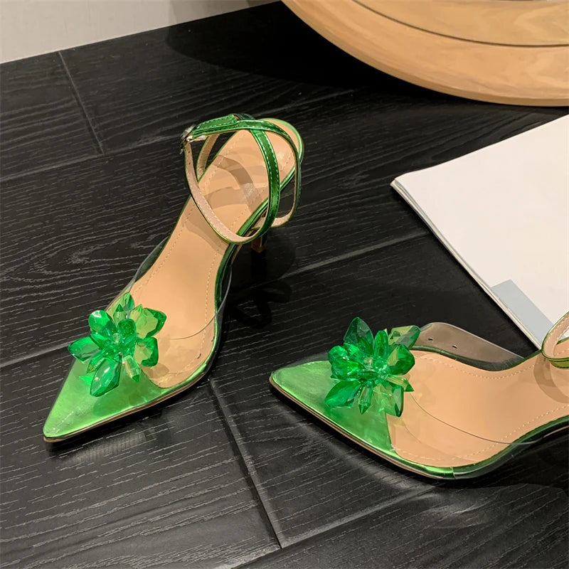 Green Crystal Flower Women Pumps with Sexy Pointed Toe High Heels