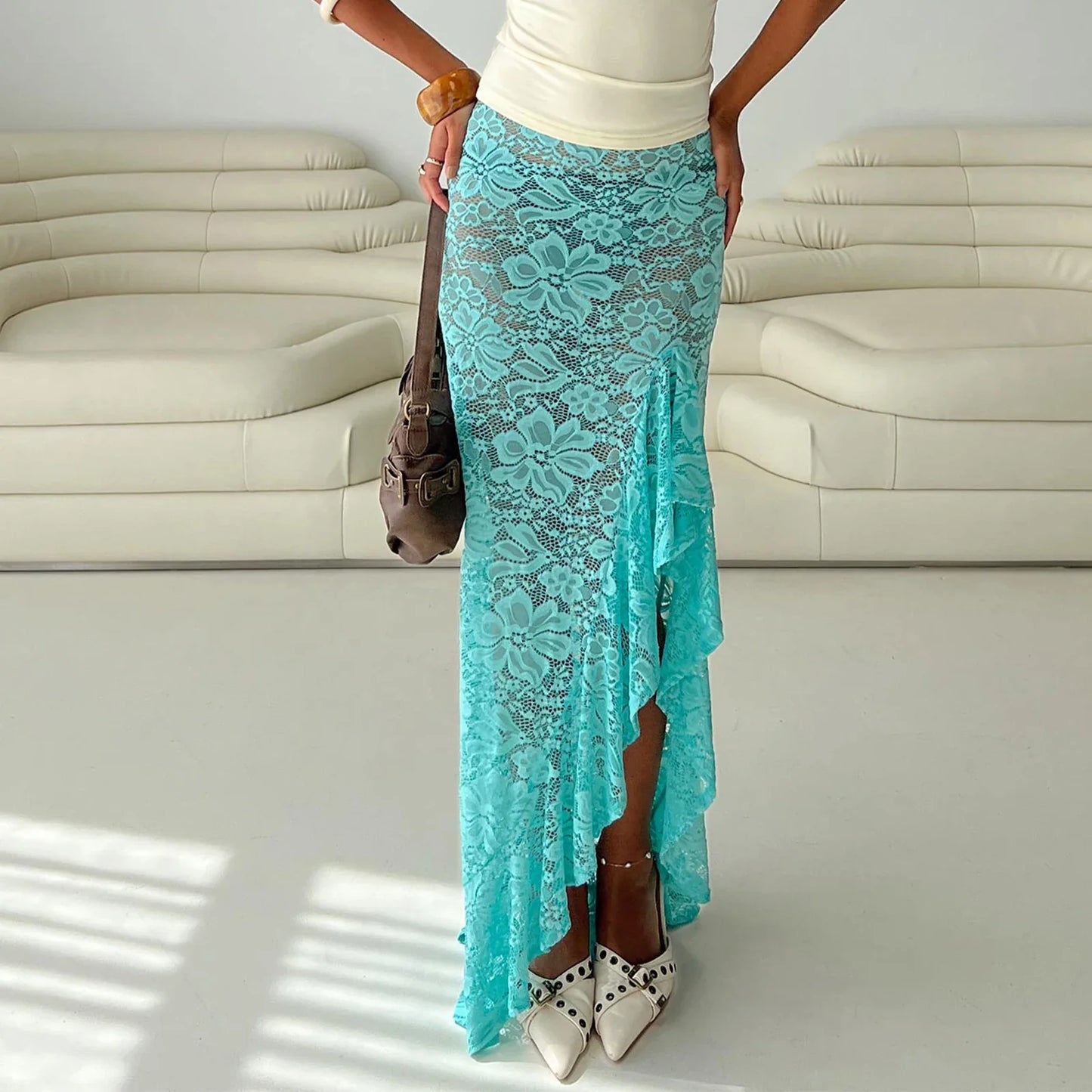 Elegant Sheer Lace High Waist Skirt