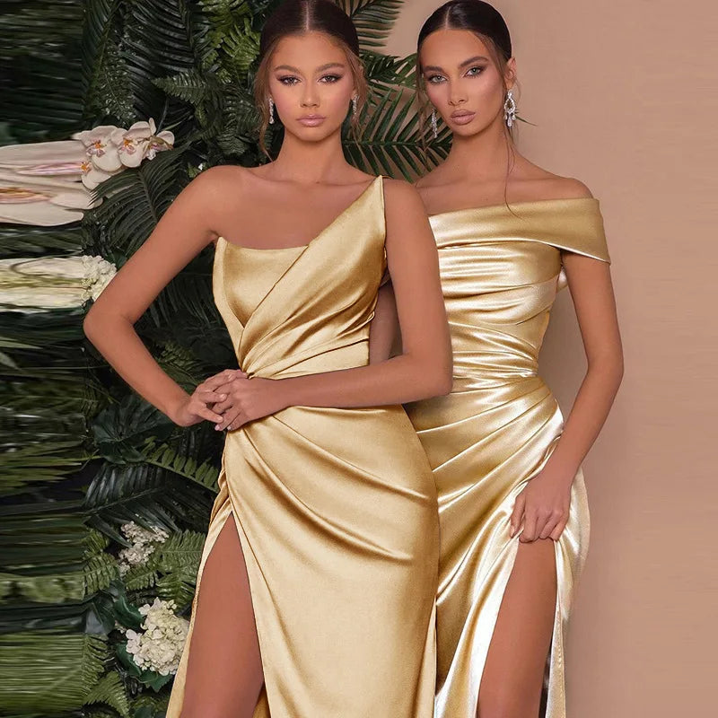 One Shoulder Satin Slit Maxi Dress