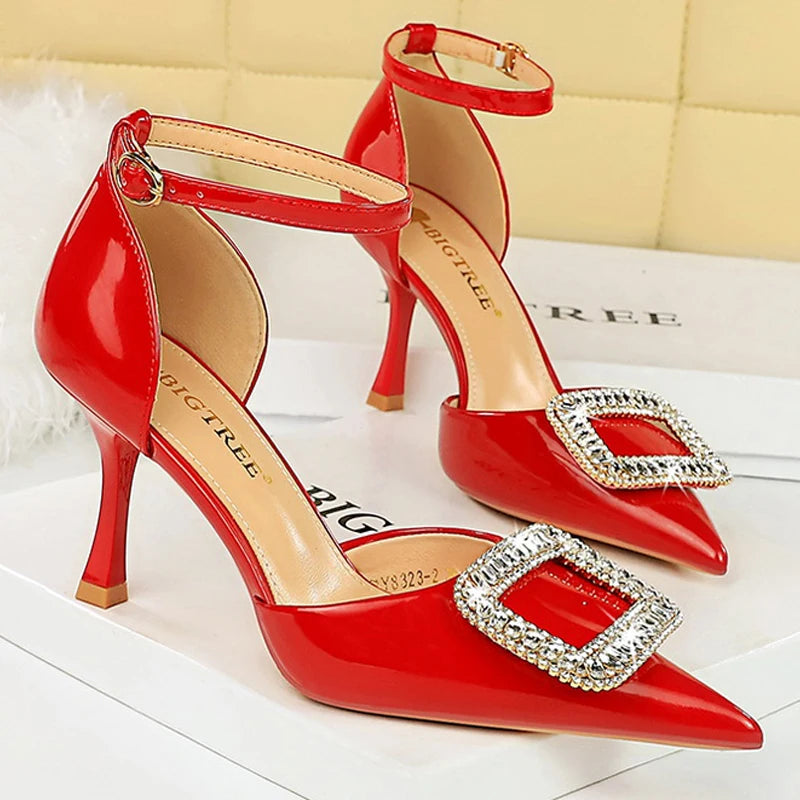 Patent Leather Rhinestone Kitten Heel Women Sandals with Buckle for Summer