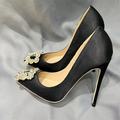 Black Satin Pointy Toe High Heel Shoes with Glitter Diamante Square Detail