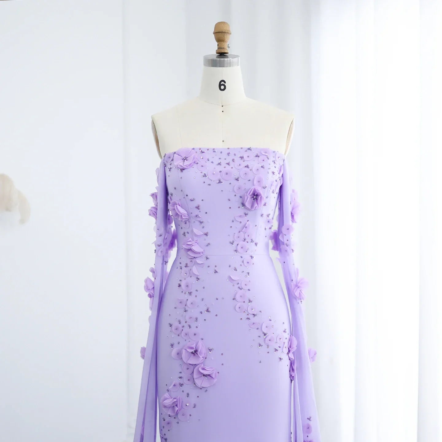 Off-Shoulder Lilac 3D Flowers Evening Dress with Cape Sleeves