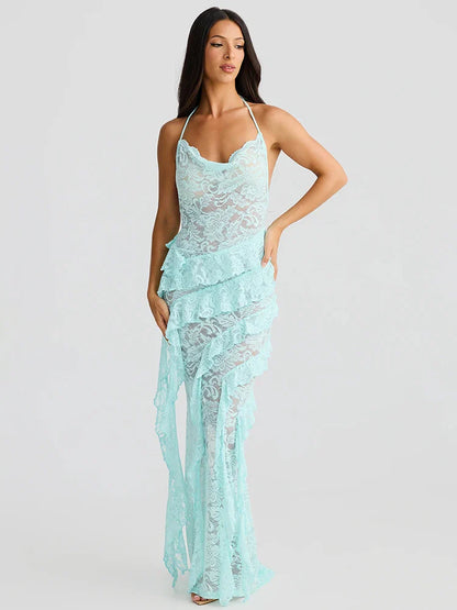 Lace Halter Ruffle Beach Bodycon Dress
