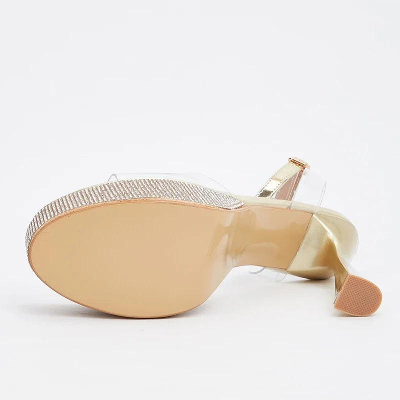 Gold Silver Peep Toe Sandals with Transparent Detail