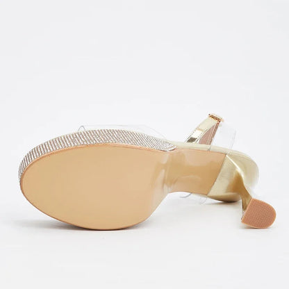 Gold Silver Peep Toe Sandals with Transparent Detail