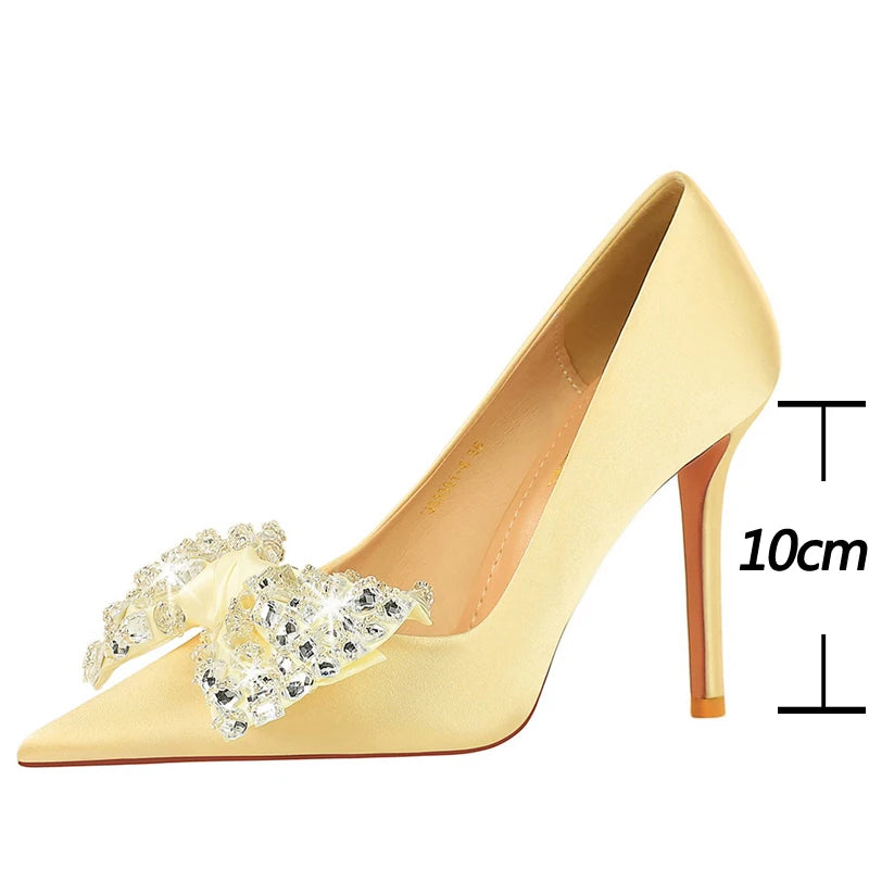 Rhinestone Bow Knot Women Pumps in Large Size 43 for Luxury Banquets