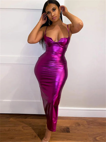 Backless Neon Split Slim Midi Dress