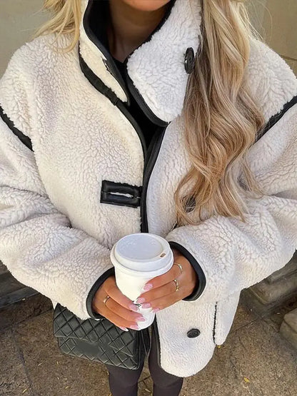 Plush Stand Collar Jackets Coat Women Vintage Lambwool White Single-Breasted Pockets Jacket Female Autumn High Street Outwear