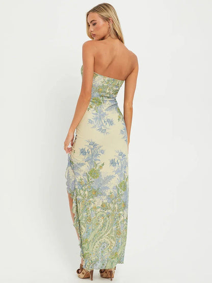 Strapless Mesh Split Ruffle Vacation Dress