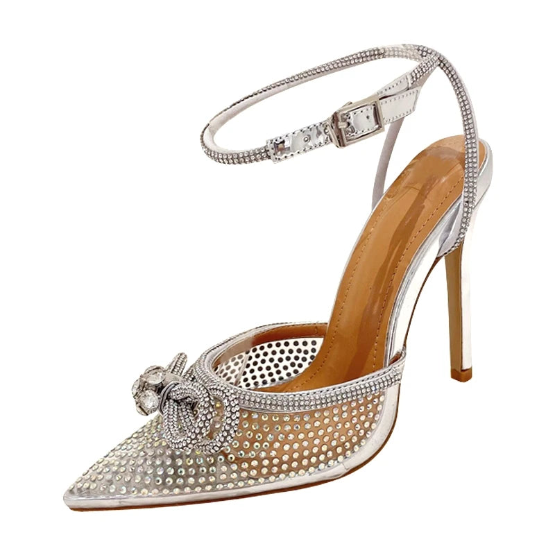 Transparent Silver Crystal Women Pumps with Ankle Strap and Thin High Heels