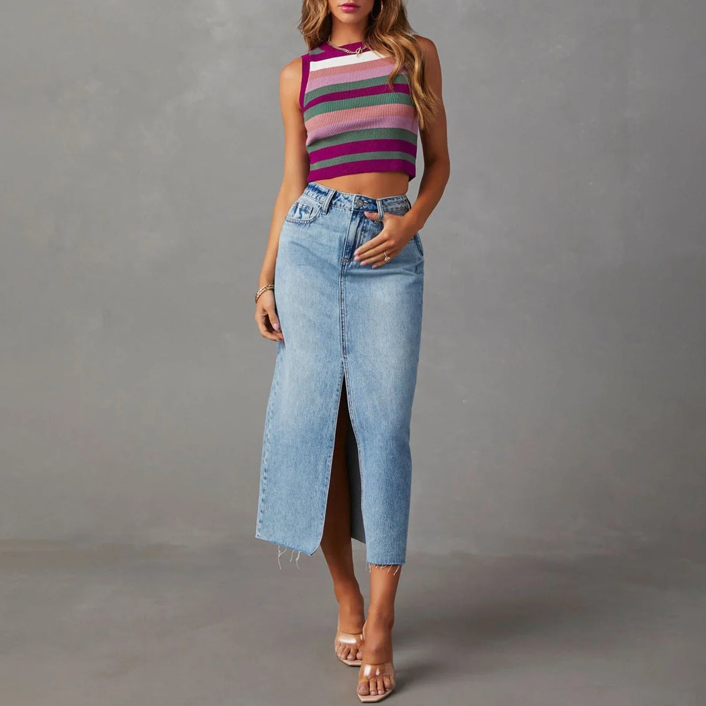 Retro Front Slit High Waist Skirt