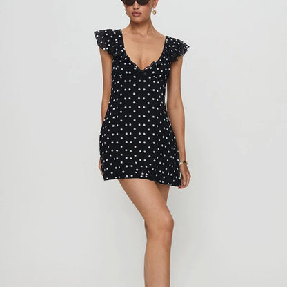 Polka Dot V Neck Slim A Line Mini Dress