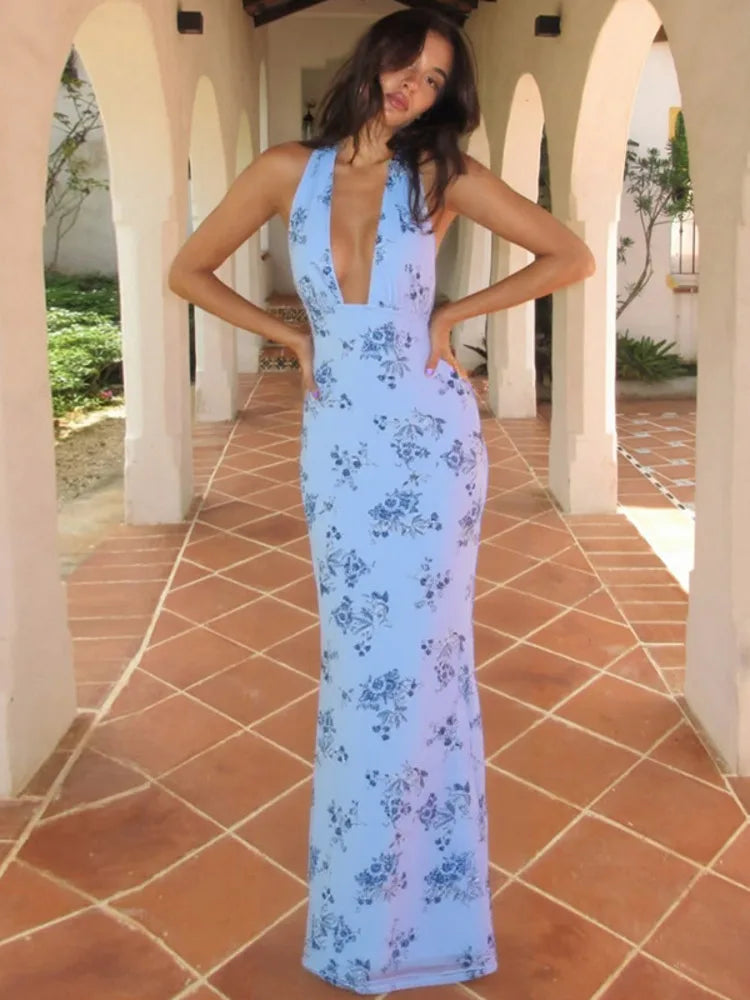 Backless Halter Deep V Neck Bodycon Vacation Dress