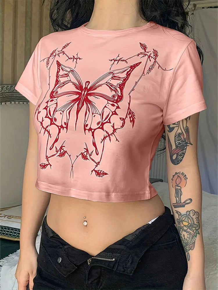 Butterfly Print Fitted Crop Grunge T-shirt