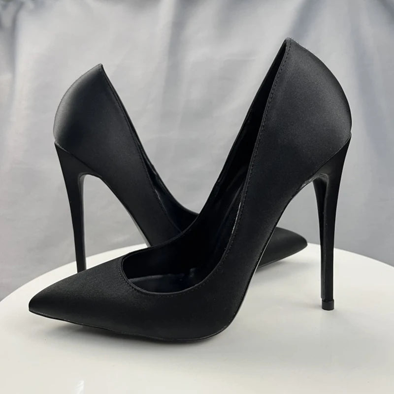 Black Satin Sexy Pointe Toe High Heel Dress Shoes for Women