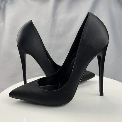Black Satin Sexy Pointe Toe High Heel Dress Shoes for Women