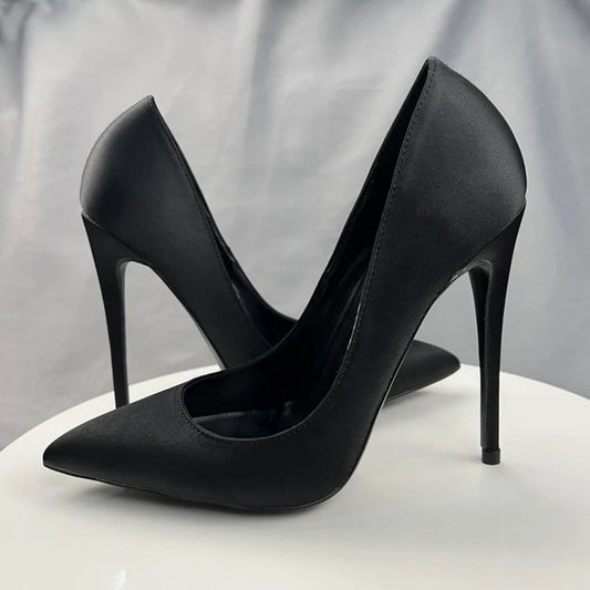 Black Satin Sexy Pointe Toe High Heel Dress Shoes for Women
