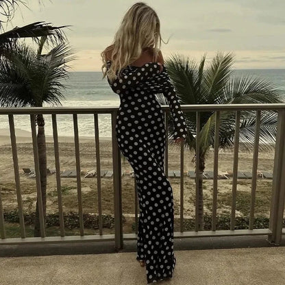 Polka Dots Off Shoulder Long Sleeves Maxi Dress