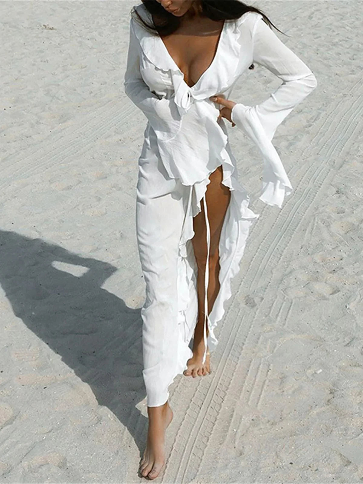V-Neck Ruffled Chiffon Maxi Dress