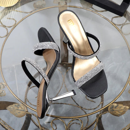 Wave point rhinestone slippers with 9.5CM high heels, open toe, perfect for outdoor wear.