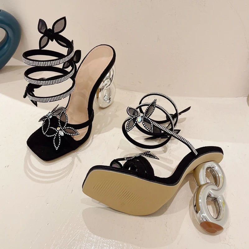 Butterfly Square Style Metal Fretwork Gladiator Sandals for Women with Peep Toe Fashion Heels