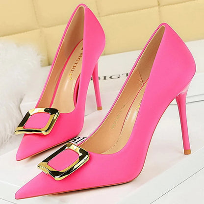 Metal Buckle High Heels Women Shoes Silks Satins Pointed Toe