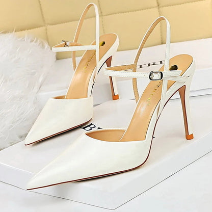 Pu Leather Women Sandals with Hollow Out Stiletto Heels for Summer