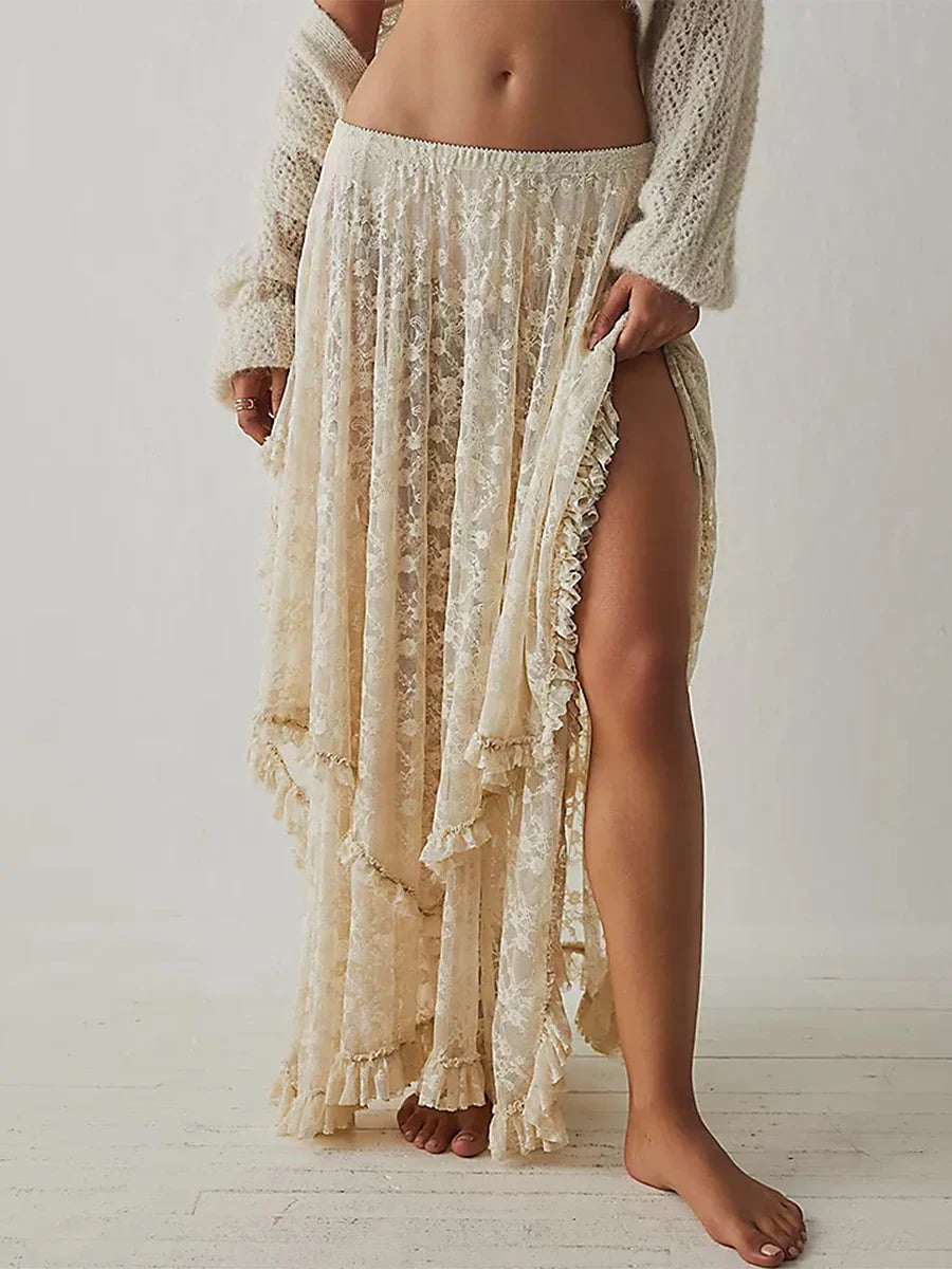Lace Elastic Irregular Midi Skirt