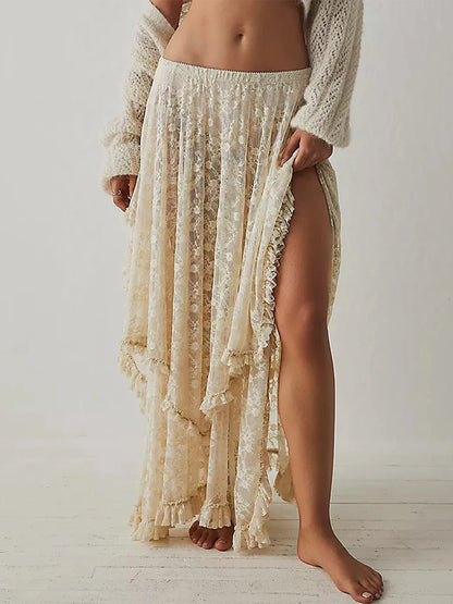 Lace Elastic Irregular Midi Skirt