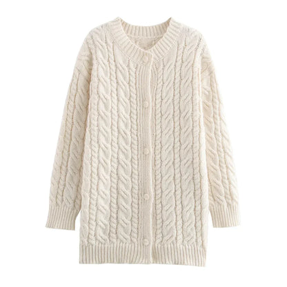 Beige Twist Knitted Cardigan Sweater Buttons Autumn Winter Women Loose Casual Long Cardigans Fashion New Female Sueter Mujer