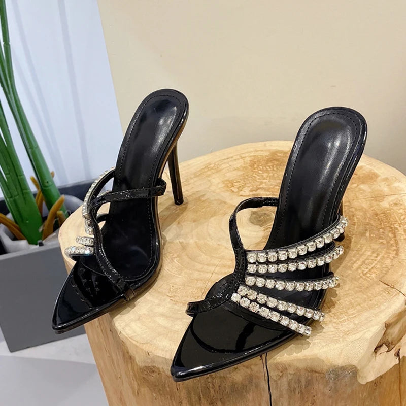 Crystal Hollow Out Narrow Band Women Slippers Sandals