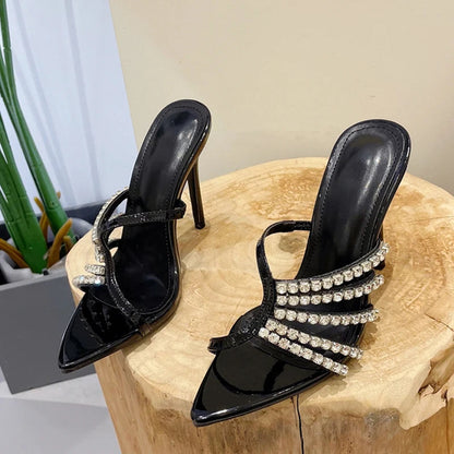 Crystal Hollow Out Narrow Band Women Slippers Sandals