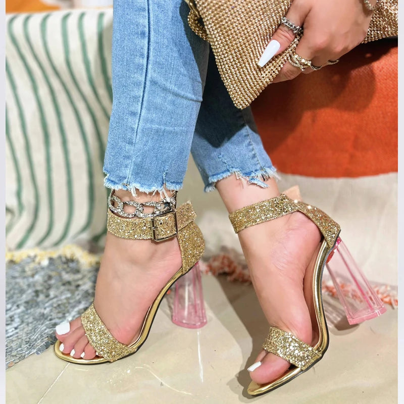 Bling Fashion Ankle Buckle Strap Gladiator Sandals with Square Heel for Women