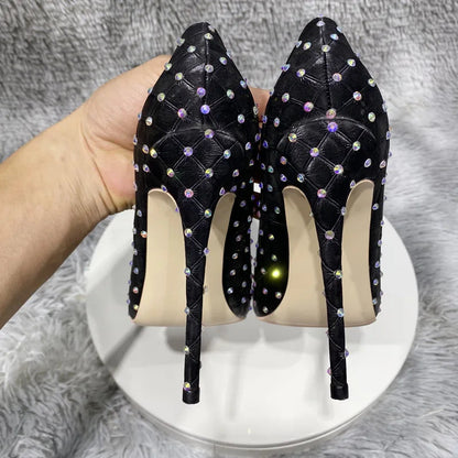 Black Plaid Fabric Pointy Toe High Heel Shoes with Rhinestones for Women