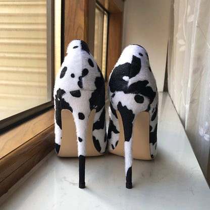 Cow Print Women White Hairy Flock Pointy Toe High Heel Shoes - Cow Print High Heel Shoes