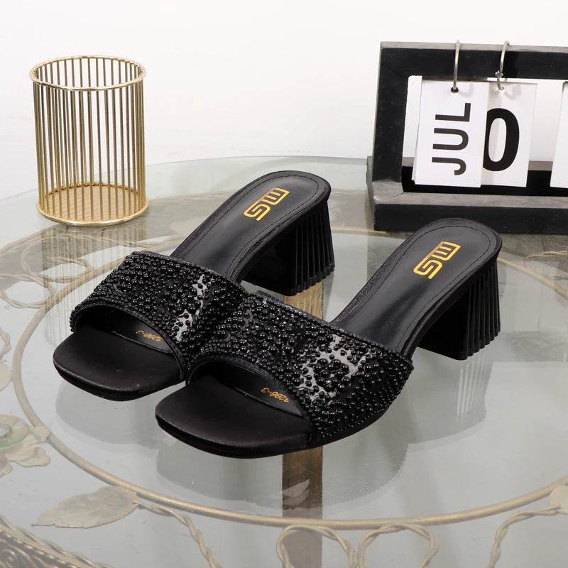Luxurious ladies slippers with thick square head and 6cm coarse heel