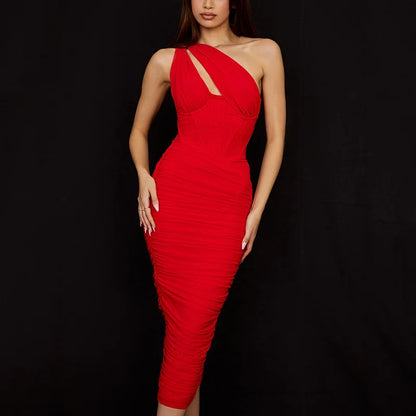 Hollow One Shoulder Mesh Midi Dress