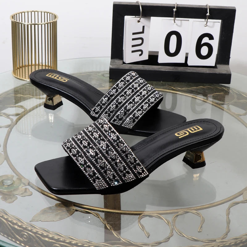 Luxurious Rhinestone Square Toe Black Sandals with 4CM Heel