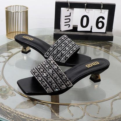 Luxurious Rhinestone Square Toe Black Sandals with 4CM Heel