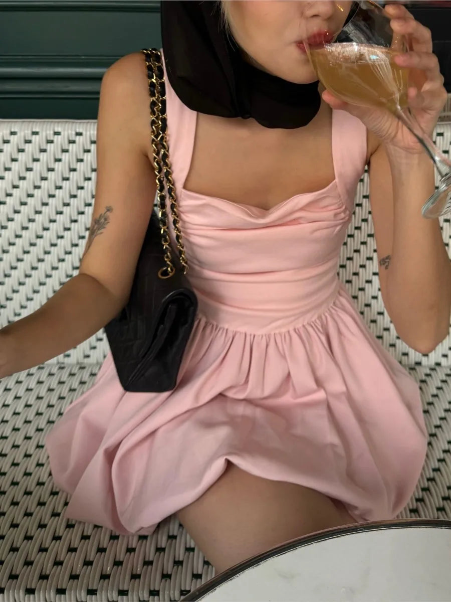Square Neck Ruched Bodice Bubble Hem Mini Dress