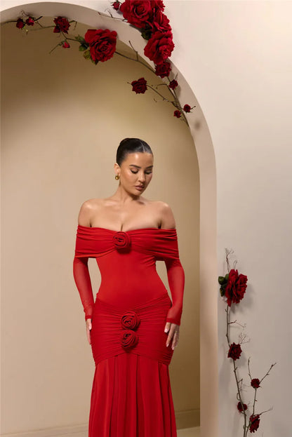 Off-shoulder Strapless Rose Long Sleeve Dress