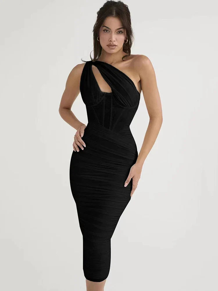 One Shoulder Ruched Bodycon Midi Dress