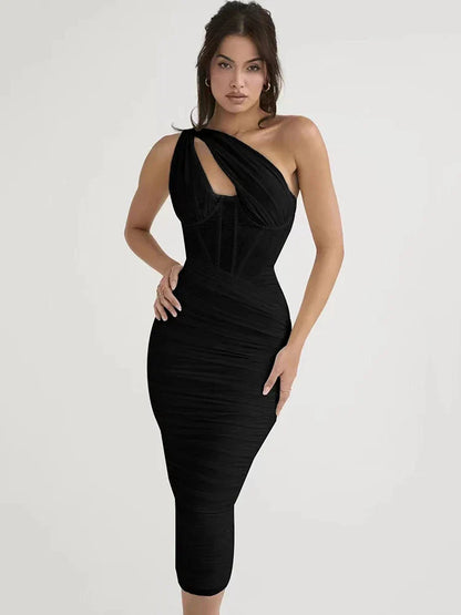 One Shoulder Ruched Bodycon Midi Dress