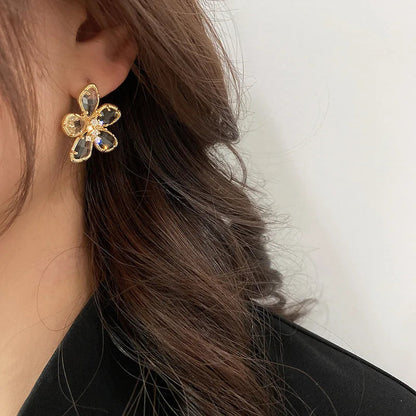 Purple Green Crystal Flower Dangle Earrings for Women Gold Metal Petals 2023