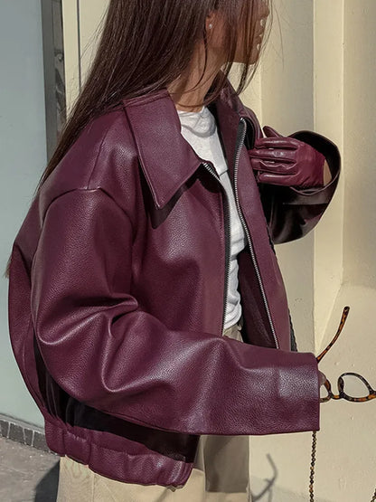 Wine PU Vintage Pocket Coat