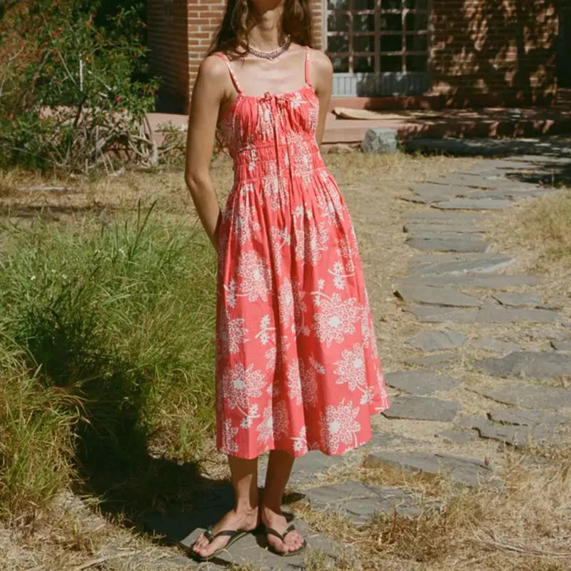 Lace-up Floral Midi Cami Vacation Dress