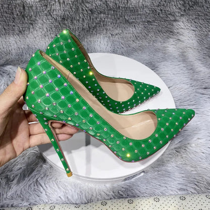 Green Flock Fabric Plaid Pointy Toe High Heel Shoes with Rhinestones for Women