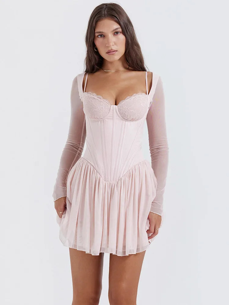 Lace Mesh Square Neck Club Bodycon Dress
